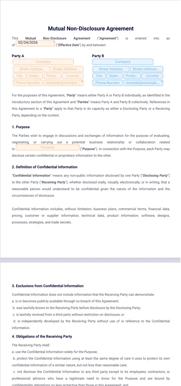 Mutual Non Disclosure Agreement Template