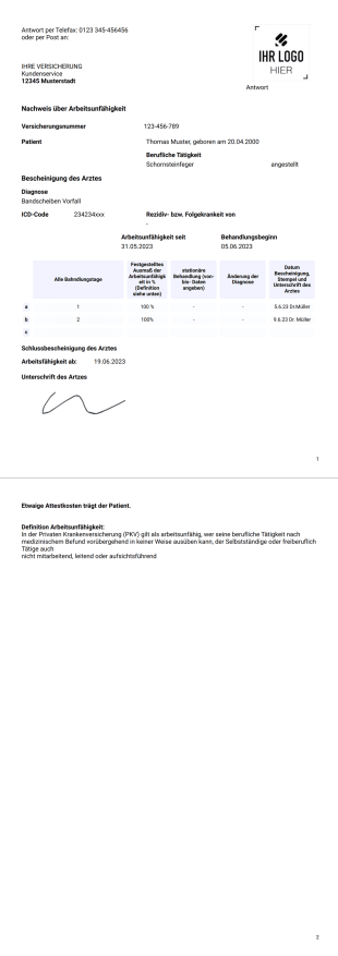 Nachweis über Arbeitsunfähigkeit PDF-Vorlage
