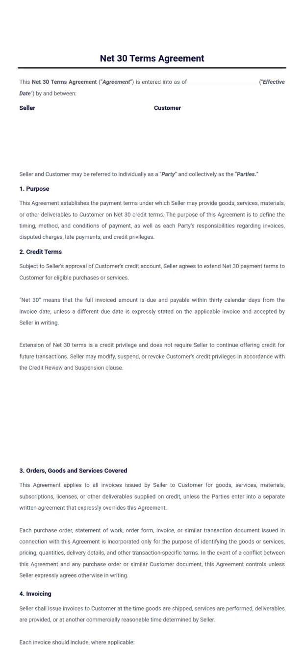 Net 30 Terms Agreement Template