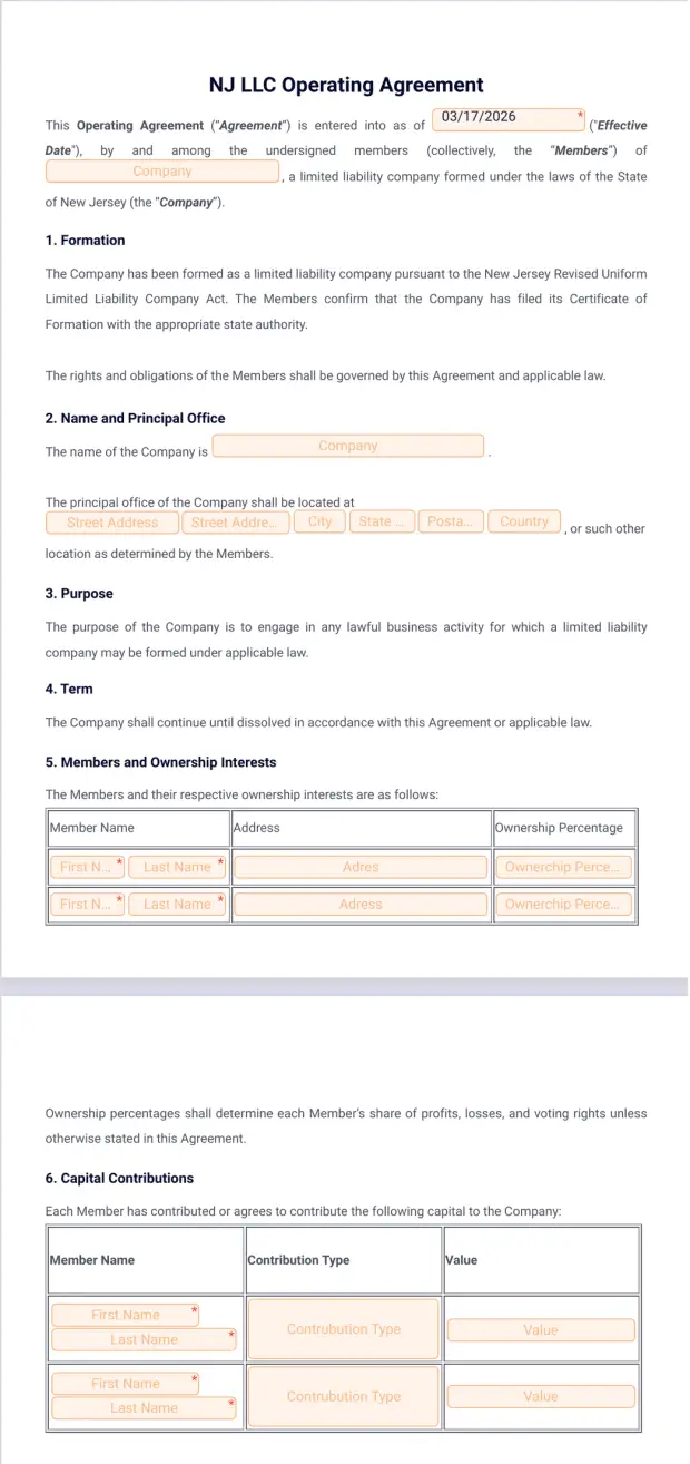 NJ LLC Operating Agreement Template