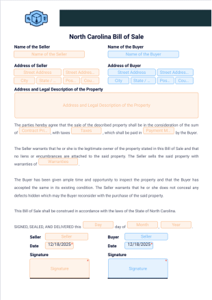 North Carolina Bill of Sale PDF Template