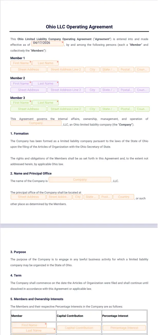Ohio LLC Operating Agreement Template