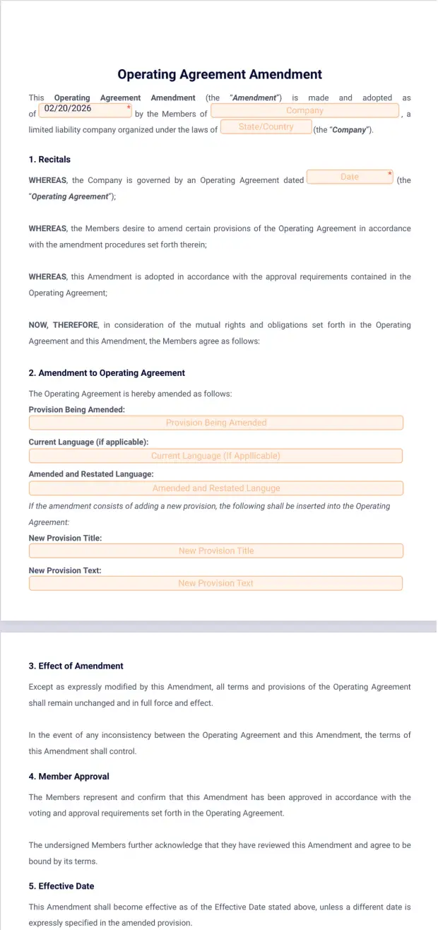 Operating Agreement Amendment Template
