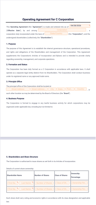 Operating Agreement for C Corporation Template - PDF Templates