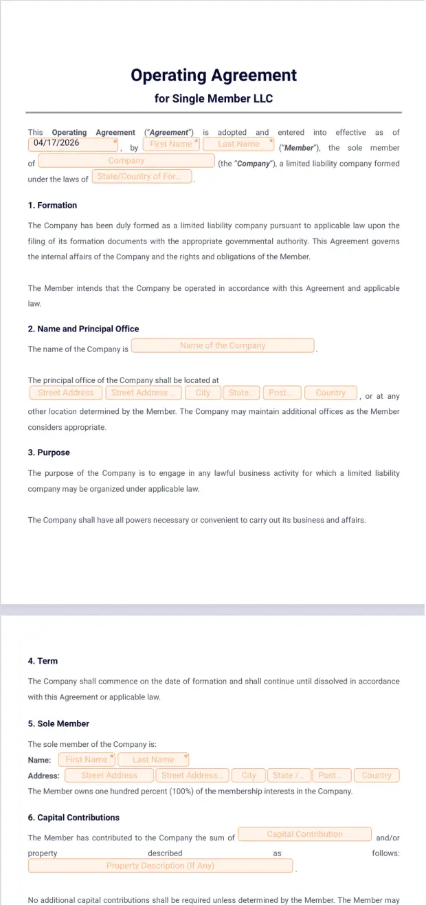 Operating Agreement Template for Single Member LLC