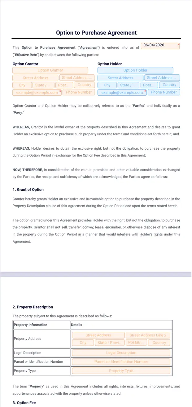 Option to Purchase Agreement Template