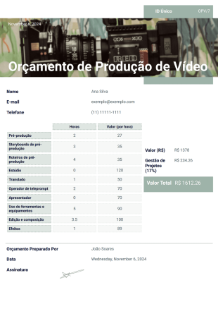 Orçamento de Produção de Vídeo Modelo de PDF