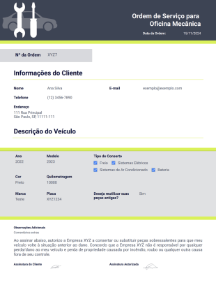 Ordem de Serviço para Oficina Mecânica Modelo de PDF