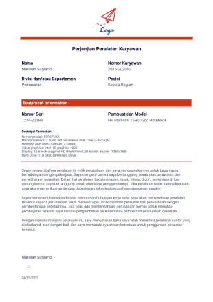 Perjanjian Peralatan Karyawan Template PDF
