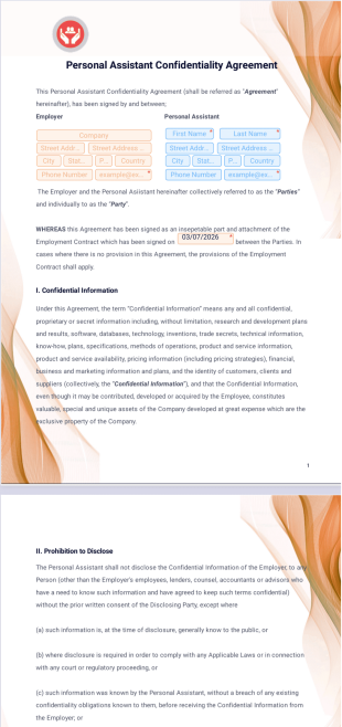 Personal Assistant Confidentiality Agreement PDF Template