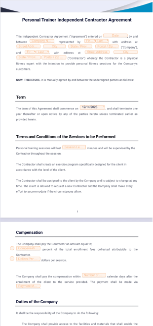 Personal Trainer Independent Contractor Agreement PDF Template