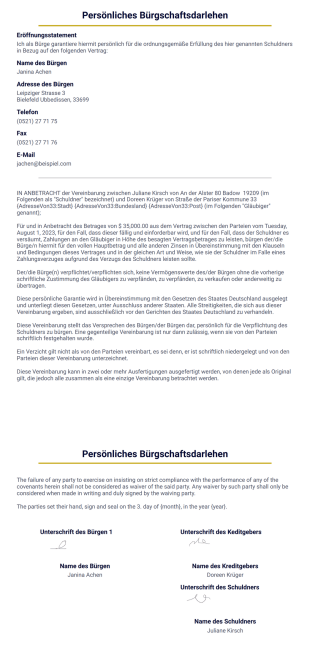 Persönliches Bürgschaftsdarlehen PDF-Vorlage