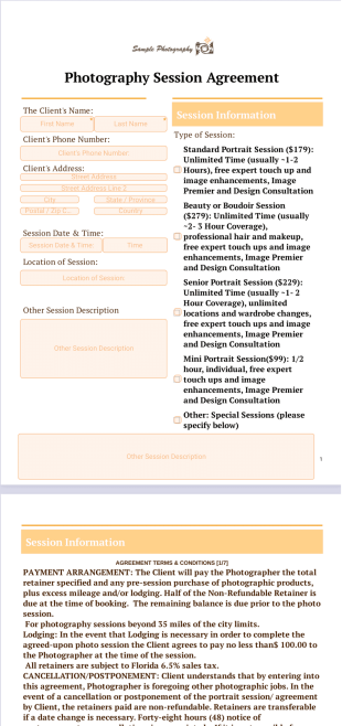 Photography Session Agreement Template - PDF Templates