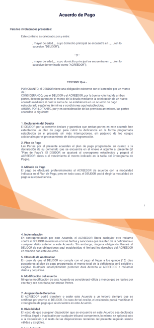 Plantilla para Acuerdo de Pago - Plantillas PDF