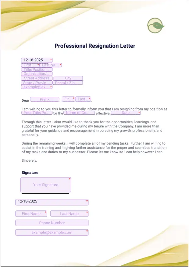 Professional Resignation Letter