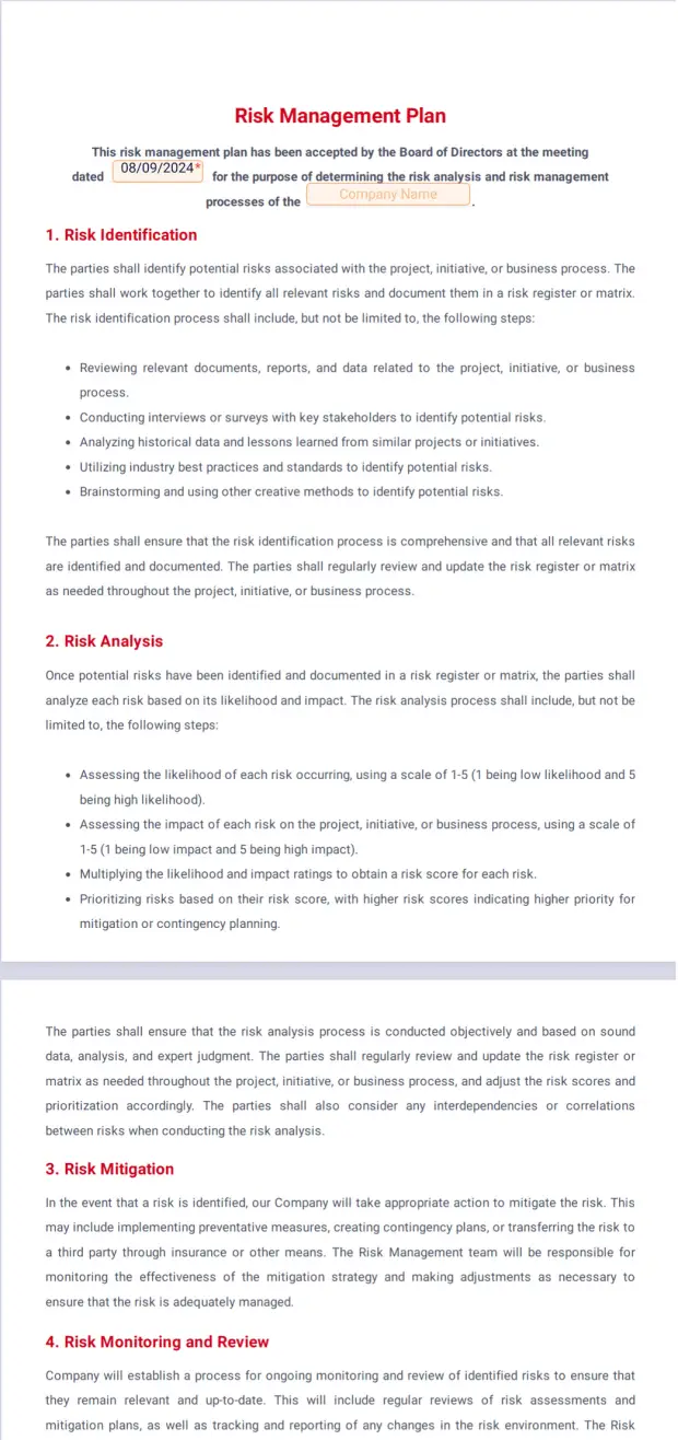 Risk Management Plan Template
