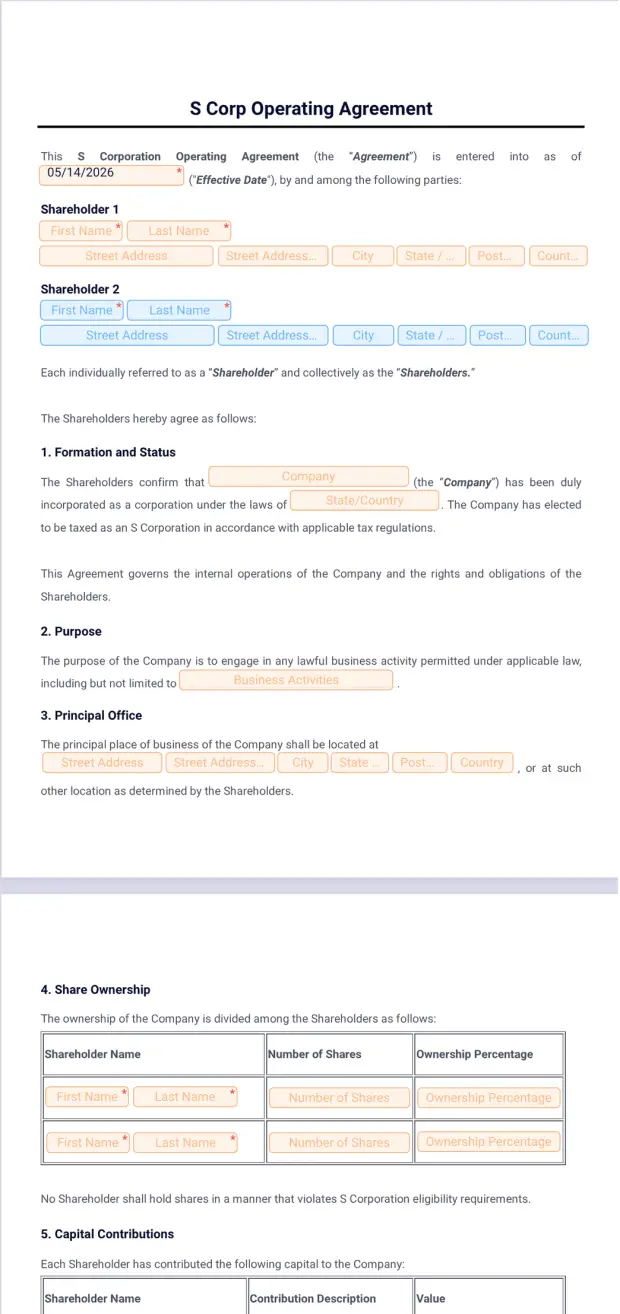 S Corp Operating Agreement Template
