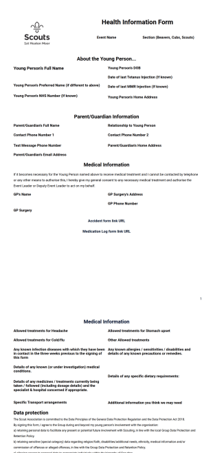 Scouts Health Information Form PDF Template