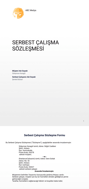 Serbest Çalışma Sözleşmesi Şablonu - PDF Şablonları