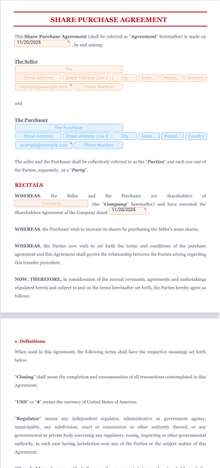 Share (Stock) Purchase Agreement (SPA) PDF Template