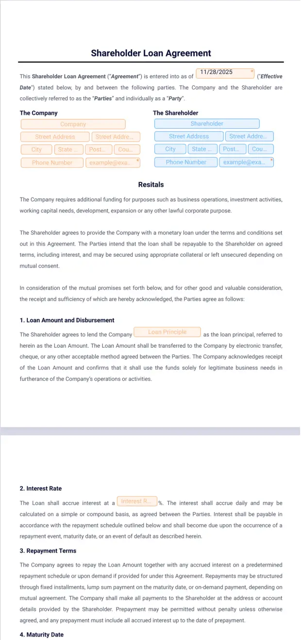Shareholder Loan Agreement Template