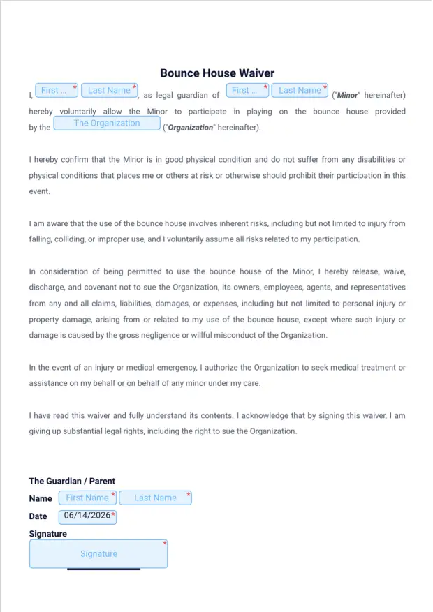 Simple Bounce House Waiver Template