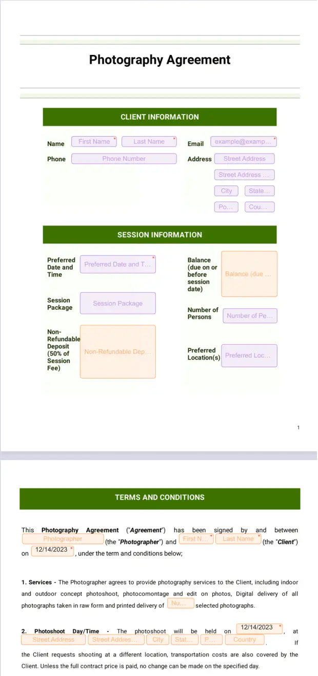 Simple Photography Agreement Template