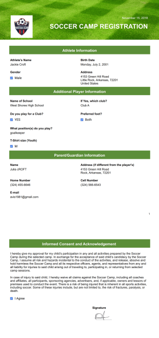 Soccer Camp Registration PDF Template