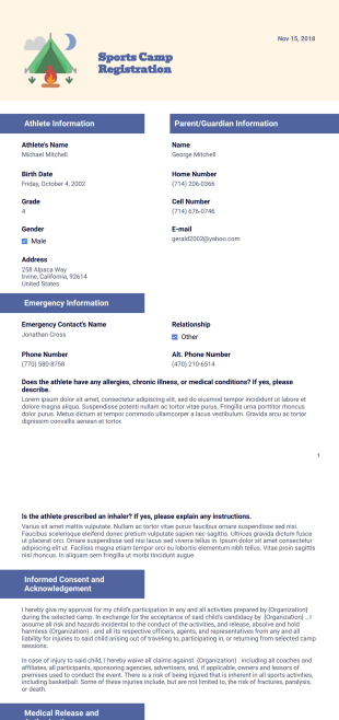 Sports Camp Registration PDF Template