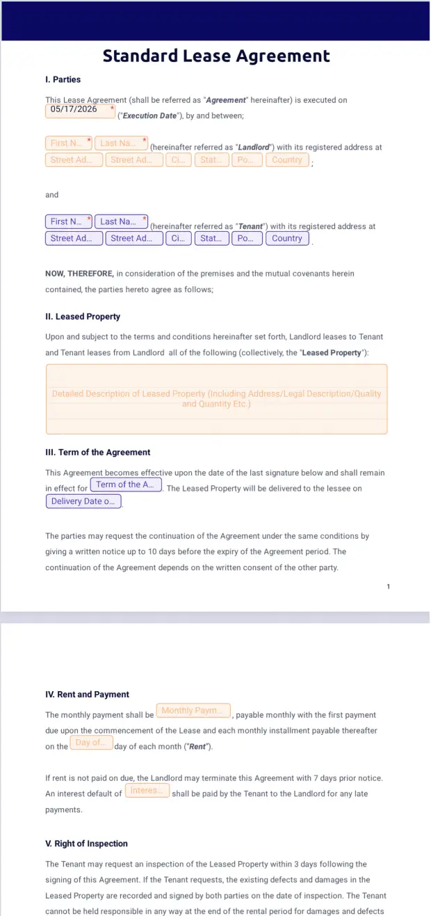 Standard Lease Rental Agreement