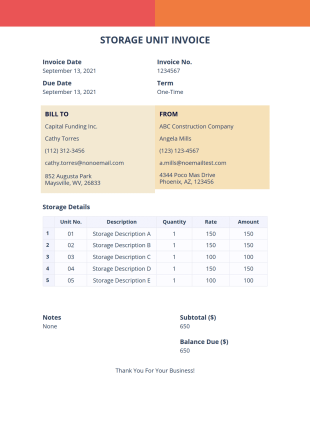 Storage Unit Invoice PDF Template
