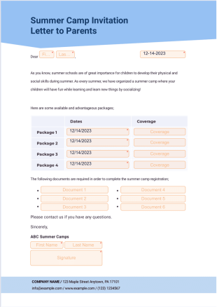 Summer Camp Letter to Parents Template - PDF Templates