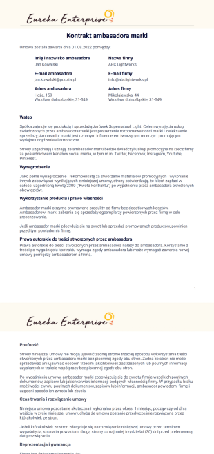 Szablon Kontraktu Ambasadora Marki - Szablony PDF