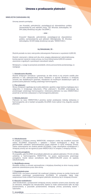 Szablon Umowy o Przekazanie Płatności - Szablony PDF