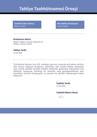 Tahliye Taahhütnamesi Örneği PDF Şablonu