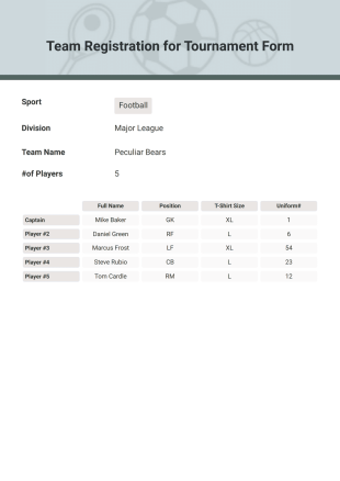 Team Registration for Tournament Form PDF Template
