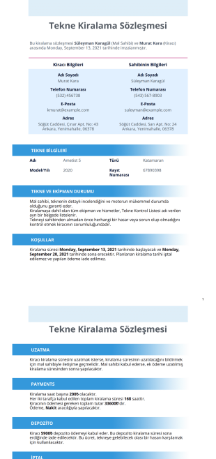 Tekne Kiralama Sözleşmesi PDF Şablonu