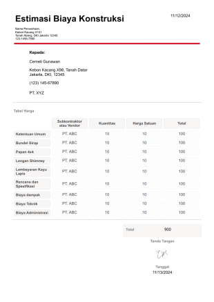 Templat Biaya Estimasi Konstruksi Template PDF