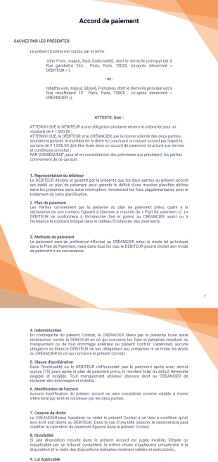 Template accord de paiement Modèle PDF