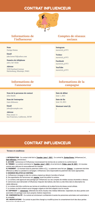 Template Contrat Influenceur Modèle PDF
