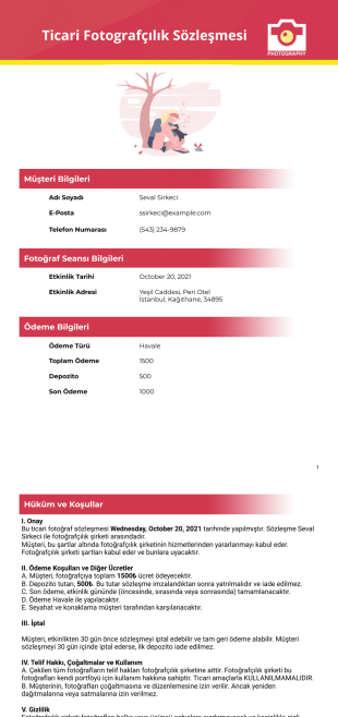 Ticari Fotografçılık Sözleşmesi Şablonu - PDF Şablonları