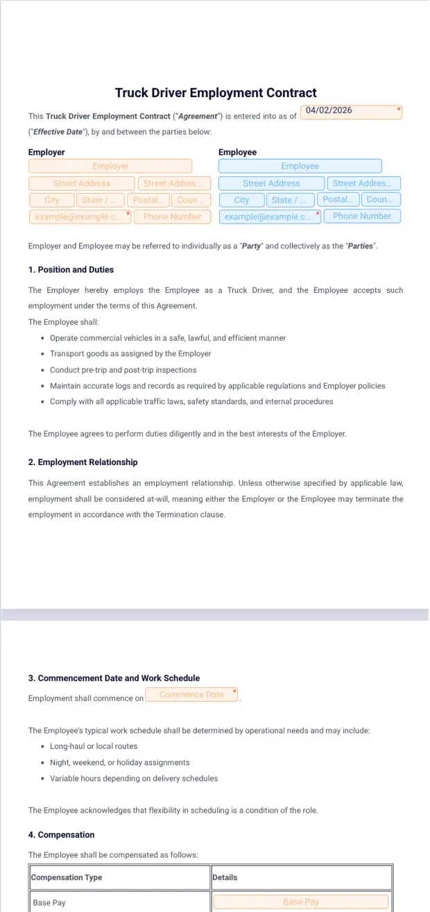 Truck Driver Employment Contract Template