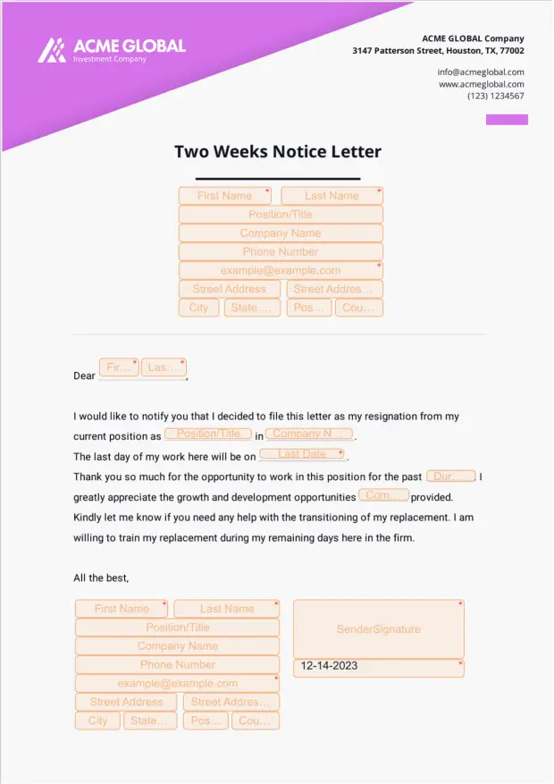 Two Weeks Notice Letter