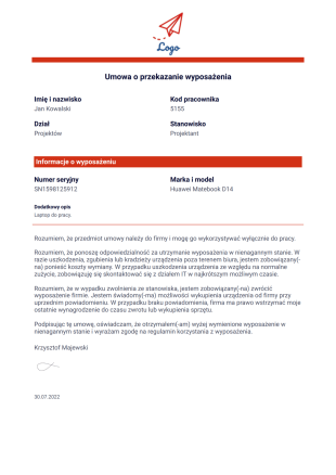 Umowa o Przekazanie Wyposażenia Szablon PDF