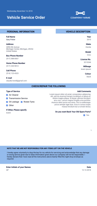 Vehicle Service Order PDF Template