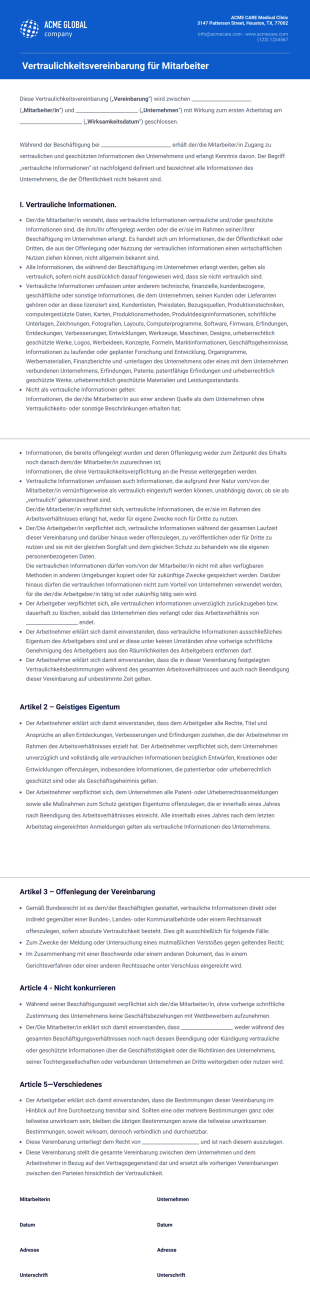 Vertraulichkeitsvereinbarung für Mitarbeiter PDF-Vorlage