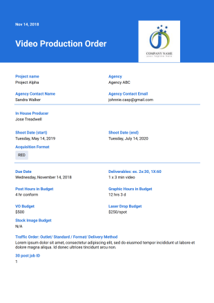Video Production Order PDF Template