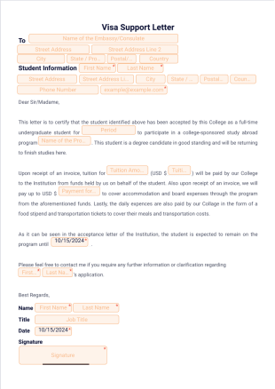Visa Support Letter PDF Template