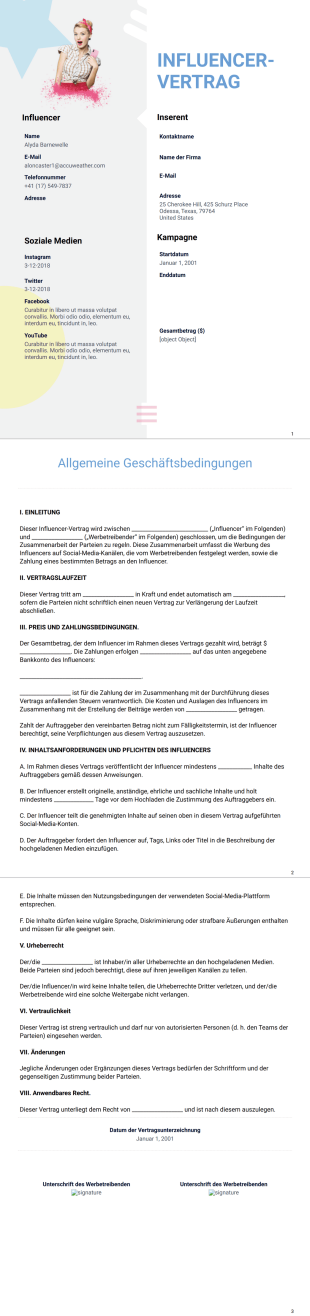 Vorlage für einen Influencer-Vertrag - PDF-Vorlagen