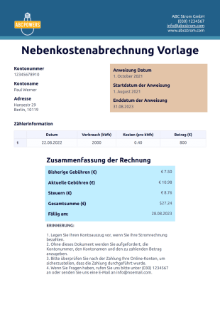 Nebenkostenabrechnung Vorlage Strom - PDF-Vorlagen